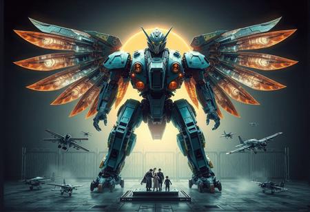 "Create an elaborate, high-quality vector art of a Metal Guardian, adhering to the golden ratio and the optimus sun orientation. The guardian should have a robust, stocky body with two pairs of wings, showcasing a teal gradient. Present it in an 8k panorama shot, with exploded parts assembly emphasizing micro details and lifelike qualities. Include a family photo of aircraft with varying size differences and a rung, set against a Sacred Defense Barrier backdrop. Apply a 35mm grain filter for an artistic touch, as envisioned by Gediminas Pranckevicius, popular on ArtStation."