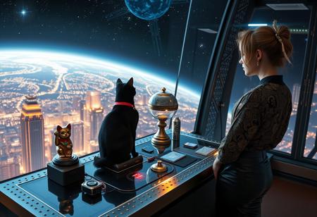 A sleek black cat with red collar sits on a cluttered metal riveted desk with transparent top and micro-LED lighted computer components visible inside, On the desk is a gold and lacquer maneki neko statue and an art deco glass and metal lamp, the Black Cat is looking out of a seamless and futuristic floor to ceiling window that looks out at a planet from low orbit, the planet is covered with the lights of enormous buildings and cities, (((a beautiful woman, 24 years old, is standing next to the desk the cat is sitting on and looking longingly out the window, the woman is dressed in an ornate Japanese style shirt and elegant leather pants with an ornate design. An enormous deco starship with futuristic lighting and an enormous space station are visible in the background among the stars, The woman's hair is messy from just waking up and tied up with a ribbon.  Artistic art deco, dynamic perspective, (((overall architectural aesthetic is Art Deco Cyberpunk))).  Epic image that elicits a feeling of wonder and awe,