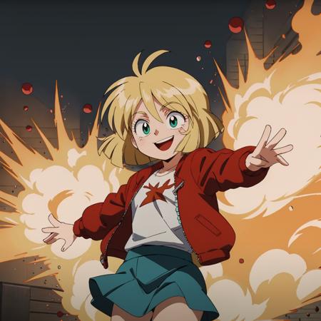 open jacket,grenade,explosion effect,
masterpiece,high quality,solo,outdoors,
<lora:mayhopkins001:0.7>,looking at viewer,smile,
mayhopkins,1loli,
short hair,bob cut,blonde hair,aqua eyes,
red jacket,shirt,
skirt,