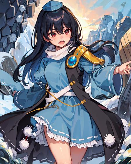 Iizunamaru Megumu, blue tokin hat, white circle scarf, blue dress, golden pauldron, black cape, pom pom (clothes), mountains
 <lora:Iizunamaru_Megumu:0.8>