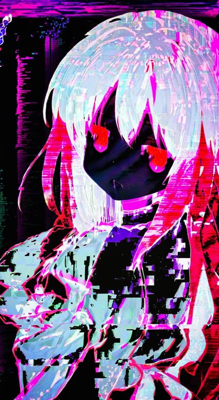 <lora:nfxlyria:1> nfxlyria, anime, glitch, glitchcore woman white hair red eyes