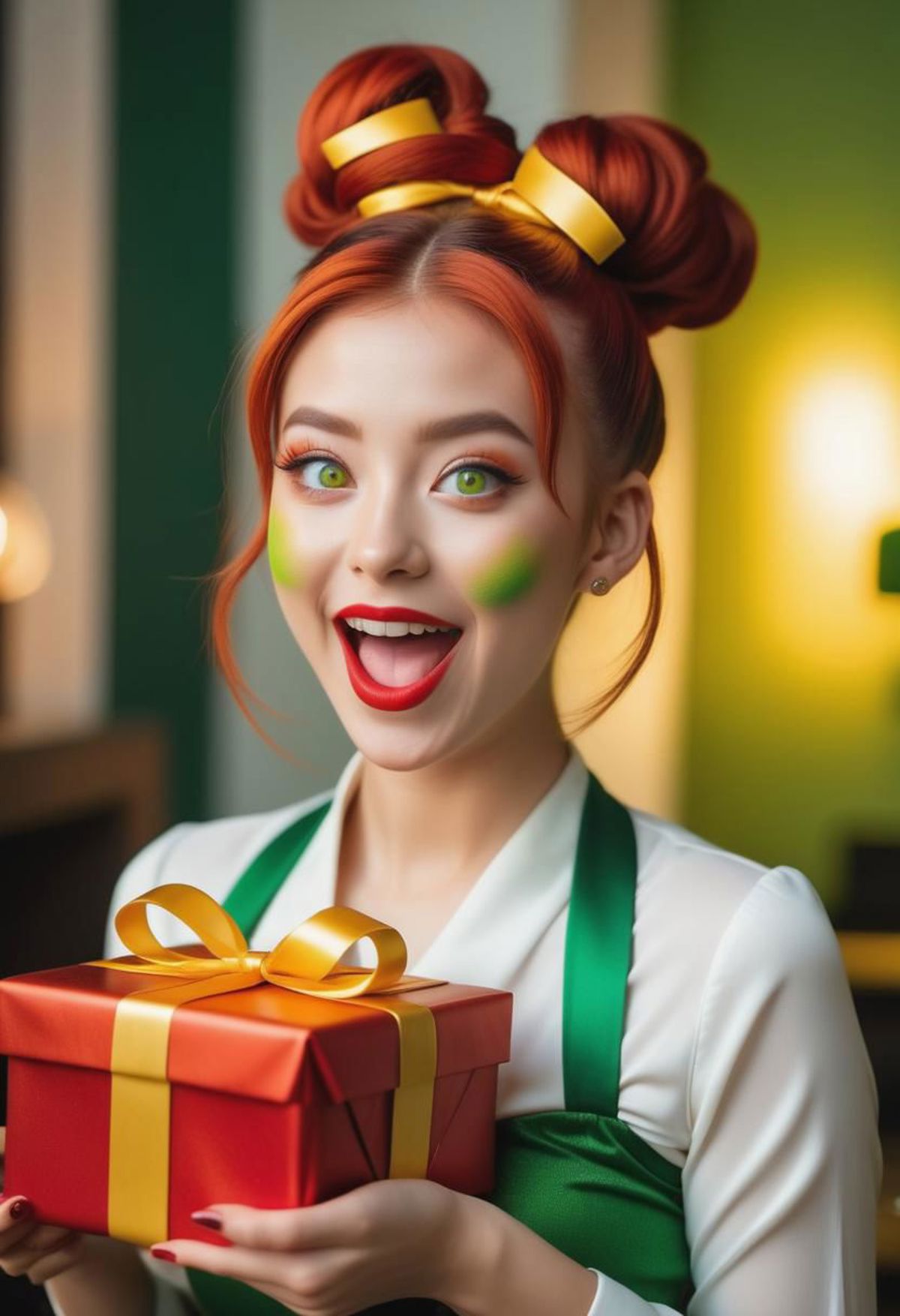 A young woman wearing green and red makeup, holding a Christmas gift.
