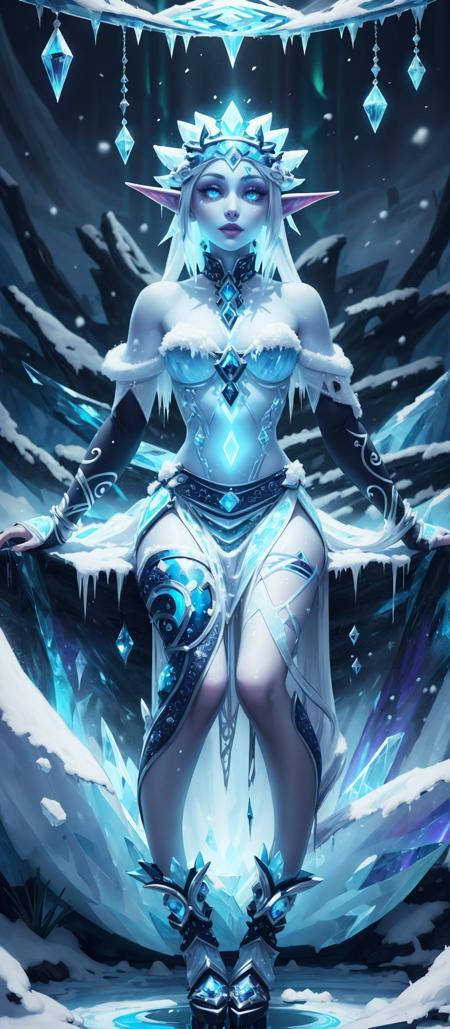 The dazzling ice elf's skin is like a canvas of pure frost,  a delicate blend of silvery-white tones that seem to shimmer with an otherworldly glow. Their hair is a mesmerizing cascade of crystalline strands,  weaving together hues of pale silver,  icy blue,  and hints of lavender,  creating an enchanting play of colors that mirrors the dance of northern lights. The eyes of the ice elf are a captivating fusion of icy shades,  ranging from deep sapphire to frosty lavender,  giving them an ethereal gaze that mirrors the serene beauty of a winter night.,<lora:EMS-64750-EMS:0.800000>,<lora:EMS-22481-EMS:0.800000>