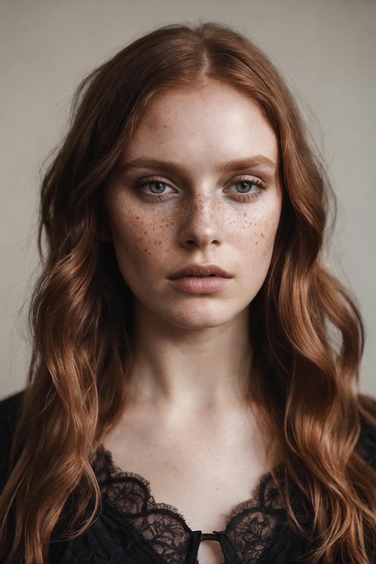 A close-up of a woman's face with freckles and long red hair.
