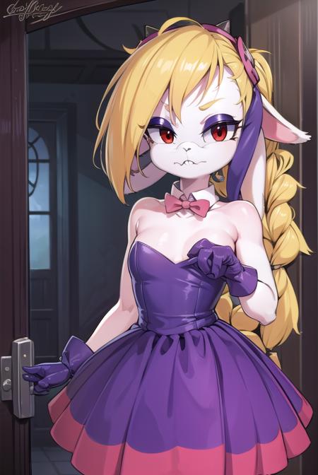 hariet, long hair, blonde hair, (red eyes:1.5), animal ears, braid, rabbit ears, eyelashes, makeup, rabbit girl, animal nose, buck teeth, pink eyeshadow, eyeshadow, furry female, furry, hair ornament, gloves, dress, bow, bare shoulders, bowtie, strapless, fishnets, purple dress, furry, purple footwear,