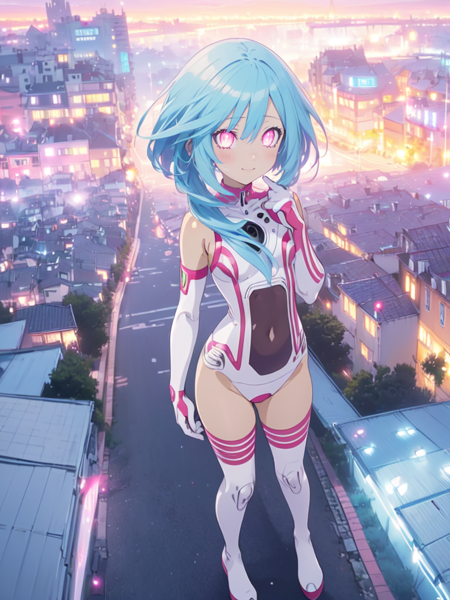 blue hair,1girl,symbol-shaped pupils,looking at viewer,blush,red eyes,gloves,elbow gloves,short hair with long locks,power symbol,solo,bare shoulders,white gloves,leotard,long hair,small breasts,thighhighs,smile,pink eyes,covered navel,sidelocks,boots,standing,full body,thigh boots,halterneck,turtleneck,white footwear,purple eyes,hair between eyes,white thighhighs,flat chest,magical girl,white leotard,flipped hair,thigh gap,(((city background)))