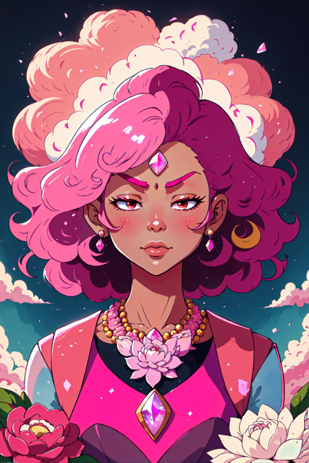 <lora:Su_Inspo:0.8> 1girl, artist name, big hair, closed eyes, cloud, colored skin, curly hair, dark skin, fruit, gem, jewelry, long hair, looking at viewer, necklace, pantyhose, pink flower, pink footwear, pink hair, portrait, red eyes, serious, solo, two-tone hair, upper body, watermark, Steven Universe