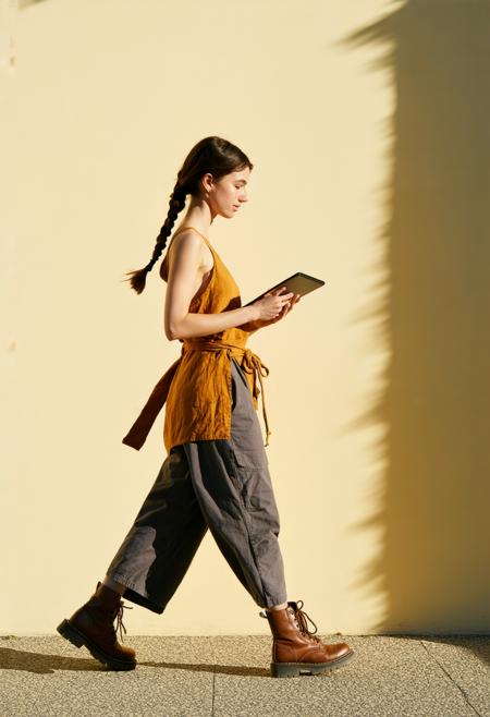 A woman in her late twenties strides confidently forward, sculpted shoulders and arms visible under a sleeveless ochre linen tunic, practical slate-gray trousers tucked into scuffed leather boots. Her dark braid swings rhythmically as she checks a matte-metal tablet clipped to her belt, features softened by warm, diffused daylight casting sharp geometric shadows. Styled in cinematic realism blended with Jamie Hewlett’s graphic dynamism and Alphonse Mucha’s flowing lines, the scene hums with efficient energy. Palette: sun-bleached yellows, cream, and slate. Details: faint boot scuffs, tablet’s amber glow, a coiled rope hinting at unseen labor. Textures: linen’s weave, leather’s patina, digital screen’s cool sheen. Perspective: low-angle, emphasizing strength and motion.