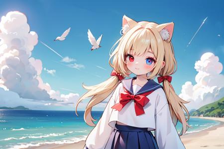 1girl,bangs,beach,bird,black legwear,(heterochromia:1.4),(red eyes:1.4),(blue eyes:1.4),very long blonde hair,cat ears clouds,blue sailor collar,blue skirt,blue sky,blush,red bow,closed mouth,cloud,cloudy sky,condensation trail,day,standing by the sea,