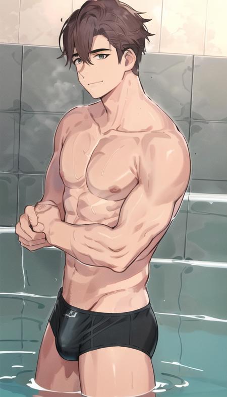 <lora:lixiujie:0.6>, 1boy, bangs, brown_hair, aqua_eyes, closed_mouth, face, formal, hair_between_eyes, looking_at_viewer, male_focus,(bare shoulders),(wet),(abs),nude, (bare shoulders), (abs), collarbone, collarbone,(((male_focus))),navel,nipples,swimming,nipples,(((boxer_briefs))),partially_submerged,pectorals,smile,solo,toned,toned_male,water,wet,(Eachcolorblockisclearlydistinguished:1.1),(bath),lapels,god rays