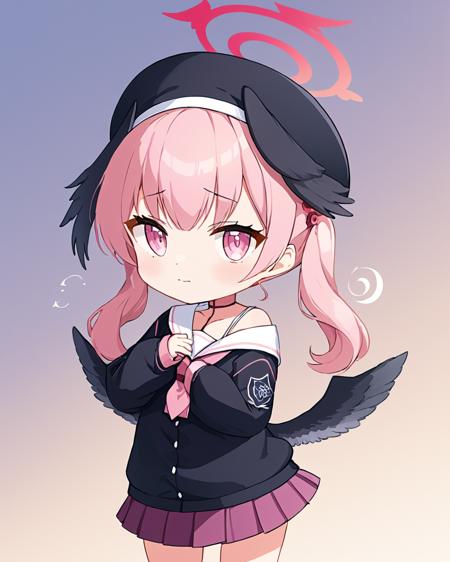 koharu \(blue archive\),1girl, head_wings, solo, twintails, rifle, black_headwear, black_wings, beret, sleeves_past_wrists, chibi, long_sleeves, low_wings, pleated_skirt, closed_mouth, halo, black_shirt, school_uniform, feathered_wings, white_sailor_collar, holding, pink_neckerchief, standing
<lora:koharu_(blue_archive)_image2073_2023-11-18_spv:1>,halo,. gorgeous,key visual, vibrant, studio anime,award-winning, professional, highly detailed,high budget, cinemascope