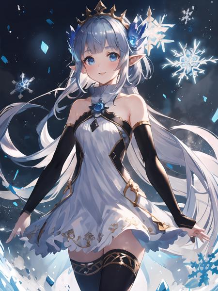 masterpiece,best quality,highres,cinematic lighting,dramatic angle,1girl,hime cut,blue eyes,pointy ears,hair ornament,white dress,bare shoulders,elbow fingerless gloves,cross-laced black legwear,<lora:CygamesLilyV1-000018:0.8:lbw=1,1,0.1,1,1,0.1,0.1,1,1,1,1,1,1,1,1,1,1>,snowflakes,happy,looking at viewer,