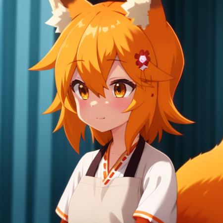 <lora:senkoLora_v4:1>, sen, animal ears, fox ears, fox girl, fox tail, hair flower, hair ornament, orange eyes, orange hair, short hair, tail