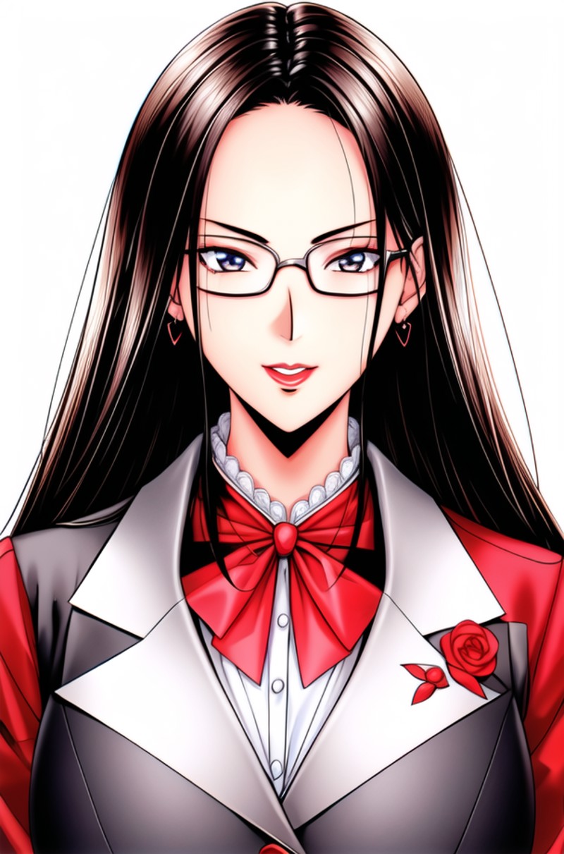 (day),White Background,blue sky,
red suit,red_jacket,earrings, glasses,formal,long_sleeves,suit,
bowtie,pencil_skirt,sheer...
