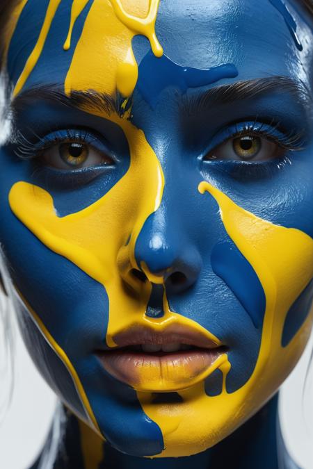 Extreme close-up shot,  blue and yellow paint on the face of a woman,  in the style of vray tracing,  fluid forms,  hyper-realistic details,  color splash,  dark blue and yellow,  polished metamorphosis,  photo-realistic techniques
