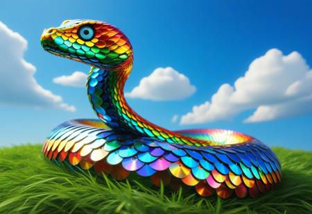 masterpiece, best quality, 3D cartoon cobra made of cd's, swirling, serpent, serpentine, scales that shimmer in a rainbow, feather, wings, made from reflective CD fragments, glisten with iridescent colors, cheerful expression, bright blue sky with white clouds, gras, field