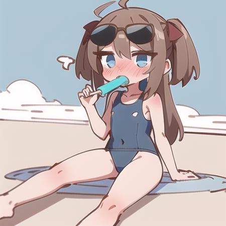 neuro_sama, 1girl, looking at viewer, beach, fullbody, nose blush, one-piece swimsuit, sun, sunglasses on head, headshades, beachball, eating popsicle, sitting, <lora:neuro-000005:0.9>