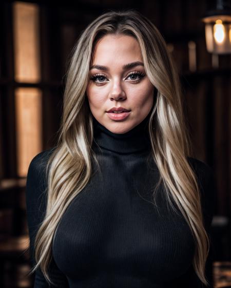 closeup headshot, RAW photo of an extremely sexy woman in a cozy tavern, blkblsm, serious face, (wearing long sleeved turtleneck jumper:1.2), , 150mm professional photography, full detail, detailed face, 8k uhd, dslr, soft lighting, high quality, film grain, Fujifilm XT3, dark theme,  <lora:add_detail:0.5>,  <lora:LowRA:0.5>