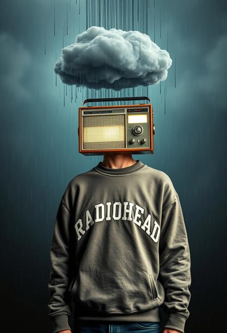 The photograph in the style of David LaChapelle depicts a person standing with their head replaced by an old-fashioned radio. The person is tall and skinny and wears an oversized sweatshirt with "RADIOHEAD" stitched on it. The radio’s speaker section is illuminated, suggesting it is turned on. Above the radio, there appears to be a cloud that is raining dark-colored rain directly onto the radio. This surreal masterpiece in the style of Stanley Donwood could be an album cover. This image could be interesting or relevant due to its commentary on media consumption and the overwhelming flow of information, symbolized by the rain pouring into the radio-head.