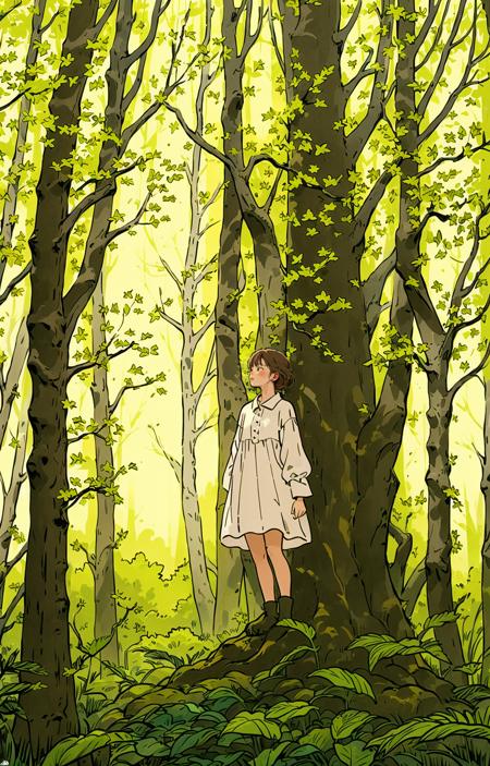 outdoors, nature, solo, 1girl, tree, grass, day, blush, forest, traditional media, brown hair <lora:line illustrationa_20230901192549:0.8>