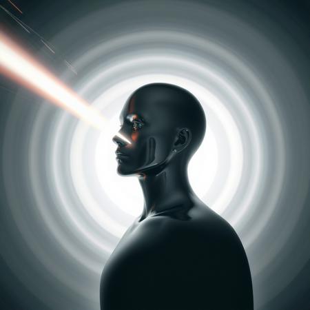 A chrome and silver beam hitting a human 100 metres away. The beam is about 1 metre thick and surrounded by multiple concentric grey and white circles of varying diameter