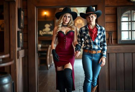 2beautiful women, woman1, 35yo blonde, dressed as a prostitute in 1890 American west, Western Authentic Brothel Babe Costume, Burgundy, with Dress and Corset, black elbow gloves, black ribbed thighhighs, black calf boots, pile high hairdo, makeup, sexy, seductive, inviting. woman2, beautiful, 18yo, dressed as a cowboy, short auburn hair, black cowboy hat, red bandana, blue and white checked shirt, Levis, cowboy boots. woman1 is leading woman2 by hand into a doorway inside a saloon,
