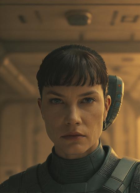 close up photo of sks woman, rugged space trucker, inside industrial spaceship, futuristic science fiction, action scene, digital concept art, realistic, intricate detailed textures, filmic, cinematic, environmental character portrait, <lora:locon_sylviahoeks_v1_from_v1_64_32:1.25>