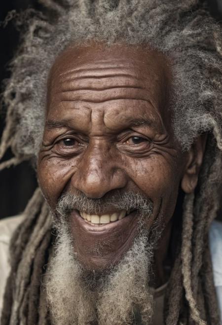 gritty portrait of a grizzled 80-year-old male rastafari, laughing, natural skin texture, realistic skin texture, (skin pores:0.8), (skin oils:0.8), fine art photography, award winning photography, analog photography, film grain, Fujifilm XT3 photo
