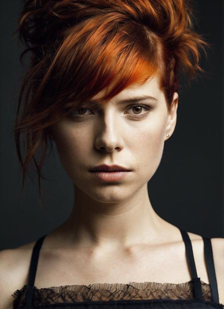 portrait of sks woman by Flora Borsi, style by Flora Borsi, bold, bright colours, orange Mohawk haircut, ((Flora Borsi)), <lora:locon_jessiebuckley_v1_from_v1_64_32:1>