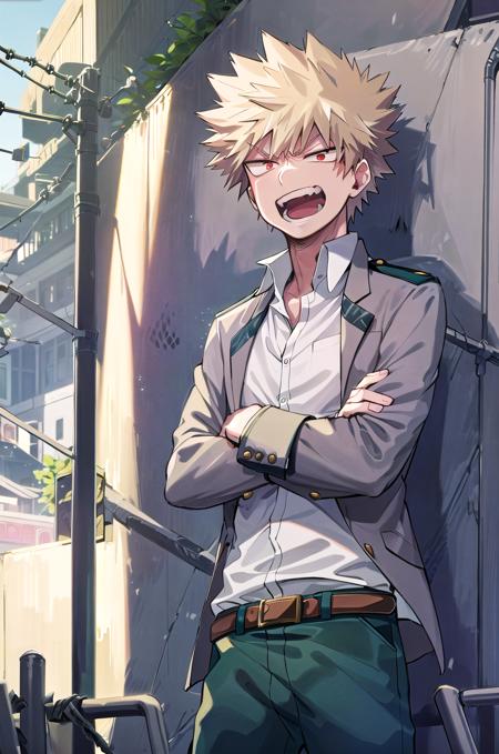 ((masterpiece,best quality, detailed)), 1boy, male focus, outdoors, building, tree, chain fence, day,
bakugou katsuki, school uniform, belt, white shirt, grey jacket, green pants, against wall, angry, open mouth, crossed arms