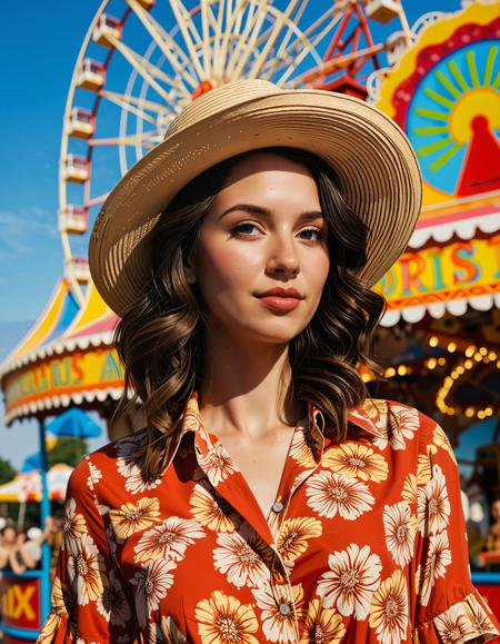 A photo-realistic shoot from a close-up camera angle about a woman wearing a straw hat and an orange floral shirt, standing in an amusement park setting. the image also shows a colorful carnival booth and a ferris wheel in the background. on the middle of the image, a 20-year-old woman with light skin and dark brown hair appears to be looking directly at the camera with a slight smile, her brown eyes are looking at the viewer, her lips are parted slightly. she has a slim body and is wearing a red floral shirt with a button-up front. her hair is styled in loose curls and her eye color is brown. she is standing in front of a carnival rides with colorful signs and a clear blue sky.