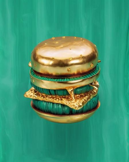 fast food's hamburger shaped :1.3,  gold colored metal objects in it on a malachite background, Carol Bove, aesthetic, a surrealist sculpture, aestheticism<lora:Chroma_Essence:1.0>