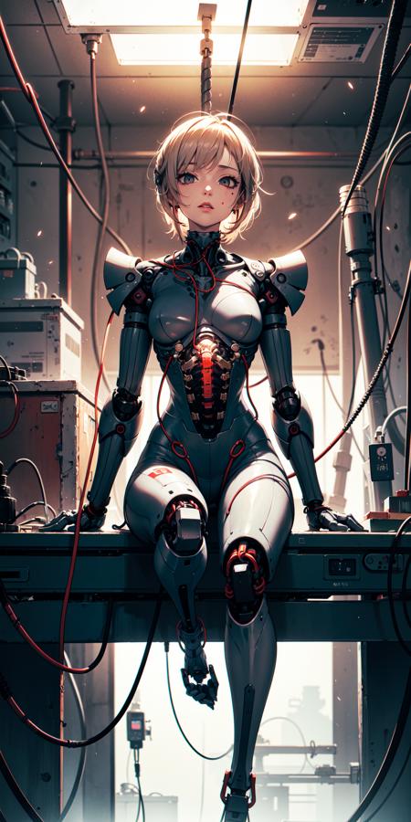 ((Full front shot)),(best quality),((an extremely delicate and beautiful)),((Chest covered)),cinematic light,(1mechanical girl),solo,((upper torso hanging by wires)),((Hanging by wires and tubes)),(machine made joints:1.2),((mechanical limbs)),(blood vessels connected to tubes),(mechanical vertebra attaching to back),((mechanical cervical attaching to neck)),(sitting),(chest covered),(wires and cables attaching to neck:1.2),(wires and cables on head:1.2),(character focus),science fiction,