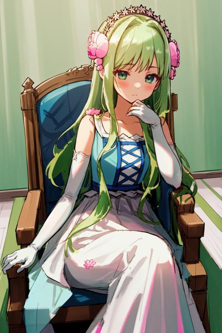 masterpiece, best quality, highres, 1girl dryas green hair pink hair flower tiara, white and blue dress sleeveless dress white elbow gloves white frills <lora:dryas:1> sitting on chair