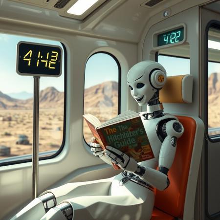 Robot humanoid woman sitting in futuristic train and reading a book "The Hitchhiker's Guide to the Galaxy", she is laughing. Train is passing by post with sign 42. There is electronic clock showing time 4:42 in train. train is passing by futuristic landscape.