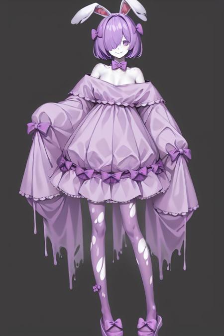 masterpiece,  <lora:Merlusa-46:1>,
Merlusa, 1girl, solo, smile, short hair, simple background, long sleeves, white background, dress, bow, animal ears, bare shoulders, closed mouth, standing, collarbone, full body, purple hair, hair bow, pantyhose, shoes, choker, puffy sleeves, bowtie, off shoulder, rabbit ears, hair over one eye, sleeves past wrists, torn clothes, colored skin, pink bow, facing viewer, purple dress, androgynous, 1other, puffy long sleeves, sleeves past fingers, personification, asymmetrical legwear, purple bow, off-shoulder dress, purple ribbon, hair over eyes, slippers, purple footwear, covered eyes, purple bowtie, other focus