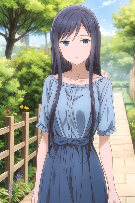 1girl, blue hair, blue eyes, long hair, looking at viewer, solo, saginomiya_shiori, casual dress, garden background, day, <lora:add_detail:0.65>