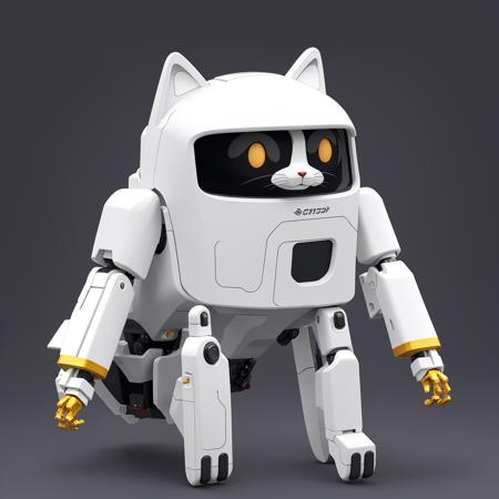 white robot cat,mecha, no humans, white background, solo, science fiction, non-humanoid robot, standing, black eyes, simple background, soft light. <lora:cute robota_v1:0.7>