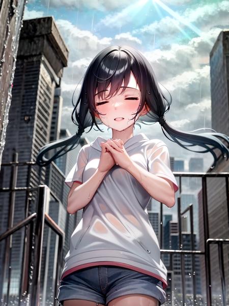 masterpiece, best quality, 1girl, solo, <lora:hin-5:1>, amano_hina, twintails, shorts, city, blue sky, shiny, closed eyes,cloudy sky,  wet, wet hair, praying, standing, dynamic angle, after the rain, hand to hand, close, upper body,