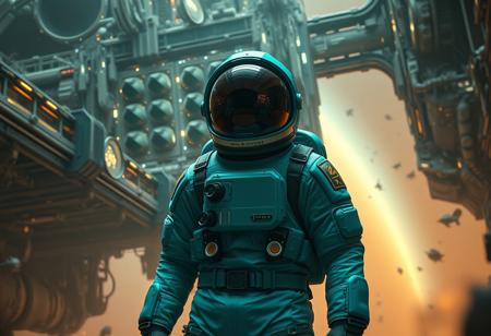 A cinematic shot of an astronaut in a vibrant teal spacesuit standing in the foreground, with a massive, intricate space station or spacecraft as the backdrop. The space station is adorned with numerous lights, windows, and technical details. The astronaut's suit is equipped with various gadgets and patches. The atmosphere is filled with floating debris and a hazy orange hue, suggesting either a celestial event or a post-apocalyptic setting.