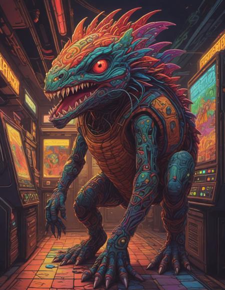 psychedelic dmt experience, pixar-style, Giant monster roaring in fury, One foot propped, Rainbow strip socks, pixel art, gorgeous
