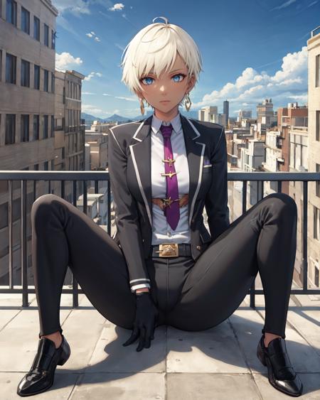 best quality, (masterpiece:1.2), illustration, absurdres,  
(1girl, solo, beautiful detailed girl), full body,
<lora:Naje-08:0.9>, Naje Berca, blonde hair, short hair, blue eyes, medium breasts,  
black suit, black gloves, purple neckwear, jewelry, earrings,
stoic, calm,  looking at viewer,
day, on balcony, city lights, sky, clouds, sun, overlooking city,
sitting, spread legs,