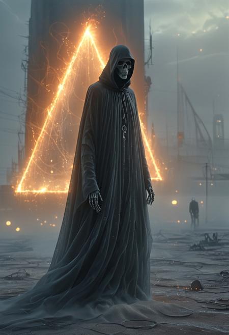 Dystopian style, (auralora:1.2), dark fantasy aesthetics, movie poster, centered composition, close-up photography by Leandro Erlich. an ethereal portrait of a lone cloaked skeletal figure in a dejected wasteland, a towering futuristic structure stands in the background, liminal fog, circles, triangle, geometric shapes. (ethereal wisps and Fire, dust particles, particle system:1.4). Vibrant and colorful, gritty, raw, emotional, shimmering light. A mesmerizing blend of light and shadows. <lora:Aurastronger_SDXL:1>, Bleak, post-apocalyptic, somber, dramatic, highly detailed