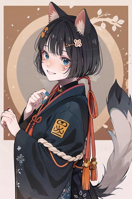 KoiKoi, 1girl, animal ears, solo, tail, flower, black hair, blue eyes, looking at viewer, shimenawa, smile, hair ornament, bangs, paw pose, rope, blue nails, facial mark, year of the dog, tassel, chinese zodiac, upper body, from side, kouhaku nawa, dog ears, nail polish
<lora:KoiKoi:1>