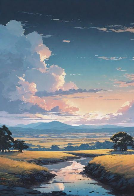 landscape, lo-fi style, epic, different bioms, horizon, different colours palette, pale colors, muted colors, vector, intricate details, highly detailed, soft, acryl, ink painting, strokes, blots, style of makoto shinkai