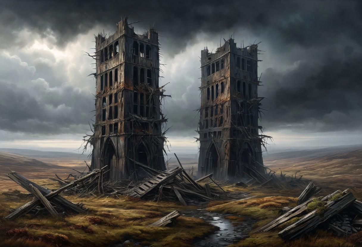 oil painting, two collapsed twin towers in the moorland, wood towers, dark clouds, (misty:1.2), creepy atmosphere, dramatic light, (darkness:2.5), 34K uhd, masterpiece, high detail, 8k, intricate, detailed, high resolution, high res, high quality, <lora:add-detail-xl:1.8>, highly detailed, Extremely high-resolution details, fine texture