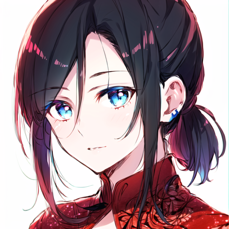 mature female, open forehead, black hair, pale blue eyes, low ponytail, intricate red dress, gacha game SSR character, colorful detailed clothes, <lyco:Copy of himaruyahidekaz-10:0.5>, solo, portrait,