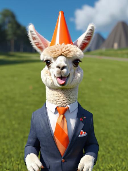 An alpaca with a Traffic Cone on its head, cock-eyed, tongue out, in suit, 
masterpiece, highly detailed, 8k, high resolution