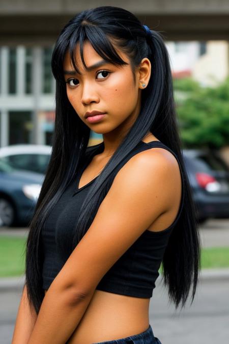 RAW photo of a cute Filipina woman with full lips and long black hair,ponytail,fringe locks,stern worried look