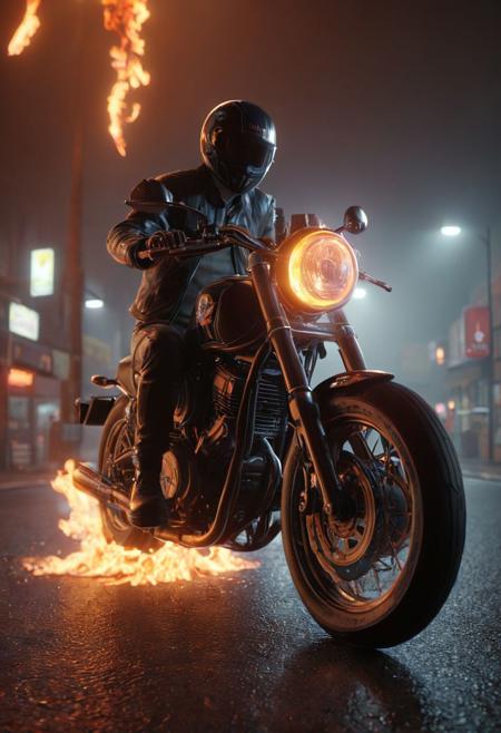 hyperrealism, 8k, HD, HDR, masterpiece, high resolution,deep evening, night city, a motorcyclist dressed in leather, flames bursting out from under the wheels of the motorcycle, dynamic, ((flames)), (fiery head),, cinematic, visual key, best quality, by hayao Miyazaki, by makoto shinkai, soft dim lighting, pastel colors, night, stars, creepy, horror, mysterious, artstation, cgsociety low morning, trends, volumetric lighting rendered in Unreal Engine 8 0 mm morning light, Synthwave abstract baroque dark aesthetics, retro, retrowave aesthetics 4-W wtf 3, Rendering Justin A 2, (8k 4:0.91), 8k, HD, HDR, XDR, focus + sharpen + wide-angle 8K resolution + HDR10 Ken Burns effect + Adobe Lightroom + rule-of-thirds + high-detailed bark. Canon EOS 5D Mark III, 1/160s, f/8, ISO 100. The resulting image is a masterpiece of nature photography, extremely detailed, 8k , UHD , cinematic lighting, volumetric lighting, Film grain, cinematic film still, shallow depth of field, highly detailed , beautiful , cute <lora:v0ng44g003:0.3> <lora:v0ng44g005:0.2> <lora:Twilight_Glade: 0.3> <lora:visiblend:0.4> <lora:glowneon_xl_v1:1.5>, <lora:xl-shanbailing-1003fire:1.8> <lora:1dkXLP:0.5> <lora:lineartSDXL:0.4>
